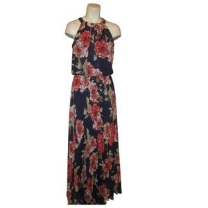 Bisou Bisou long navy and coral dress, size 6